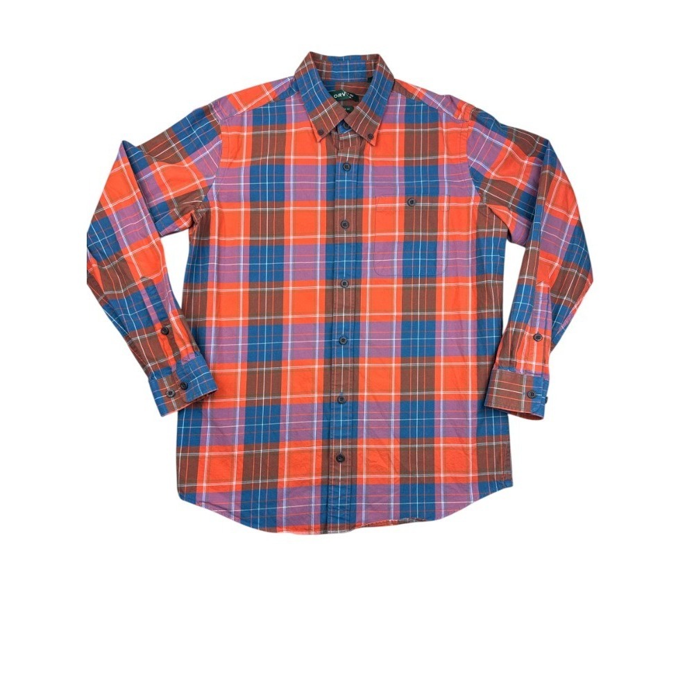 Orvis Signature Twill Plaid Shirt Men Medium Orange Blue Long Sleeve Button Down